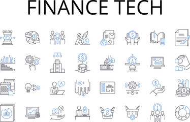 Finance tech line icons collection. Legal aid, Creative arts, Digital marketing, Behavioral science, Medical field, Social media, Business analytics vector and linear illustration. Environmental
