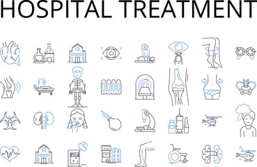 Hospital treatment line icons collection. Medical care, Doctor visit, Surgical operation, Health service, Clinical procedure, Patient therapy, Healthcare management vector and linear illustration