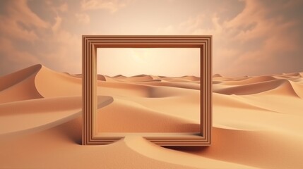 An empty picture frame standing in the middle of a vast desert landscape. Generative ai