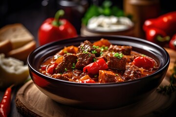 flavorful goulash with beef and paprika, Hungarian style, Generative AI - obrazy, fototapety, plakaty
