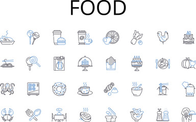 Food line icons collection. Beverage, Cuisine, Grub, Nourishment, Repast, Chow, Eats vector and linear illustration. Fare,Meal,Snacks outline signs set