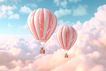 Naklejka premium Pink and white pastel hot air balloons on a pastel sky. Colorful clouds behind colorful hot air balloons