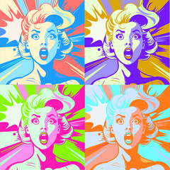 Vintage style pop art. Surprised and excited the girl who says wow. Vector illustration, cartoon style. Portrait of a beautiful girl.