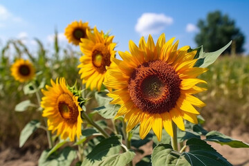 Obraz premium Golden sunflowers swaying in the summer breeze. A pictur 