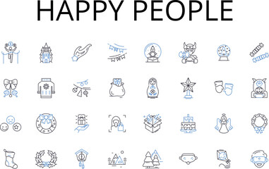 Happy people line icons collection. Joyful individuals, Contented beings, Blissful souls, Pleased personalities, Gratified folks, Elated humans, Ecstatic hearts vector and linear illustration