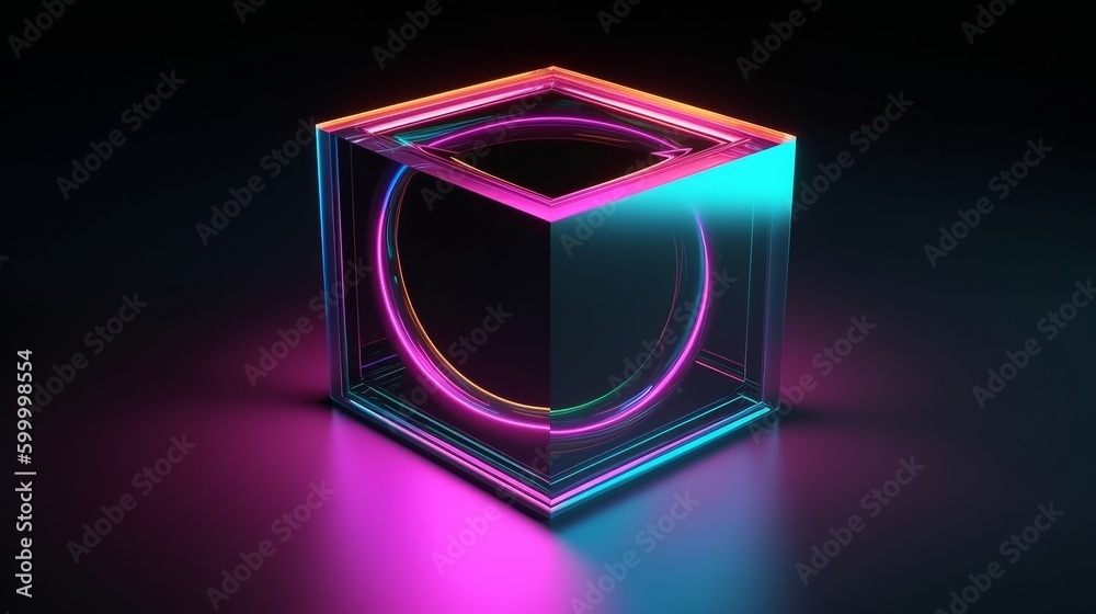 Poster a glowing neon cube against a dark background. generative ai