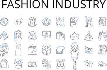 Fashion industry line icons collection. Beauty business, Car industry, Film industry, Food sector, Music industry, Textile trade, Media business vector and linear illustration. Tourism industry,Gaming