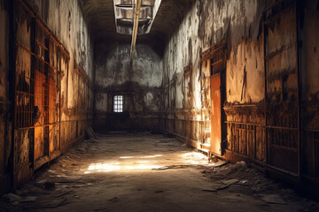 Fototapeta na wymiar A spooky abandoned prison with cells and a sense of oppression