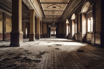 A spooky abandoned hotel with faded grandeur and secrets  - obrazy, fototapety, plakaty