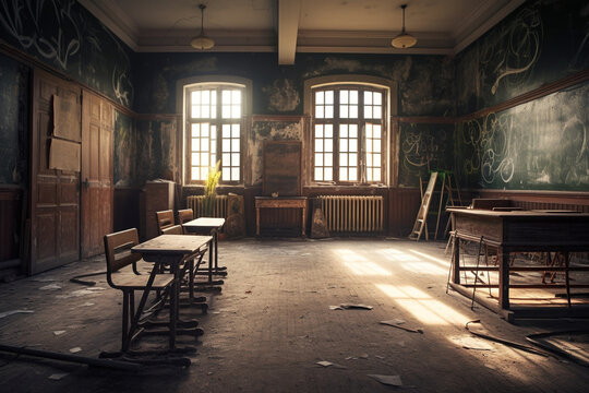 A spooky abandoned school with chalkboards