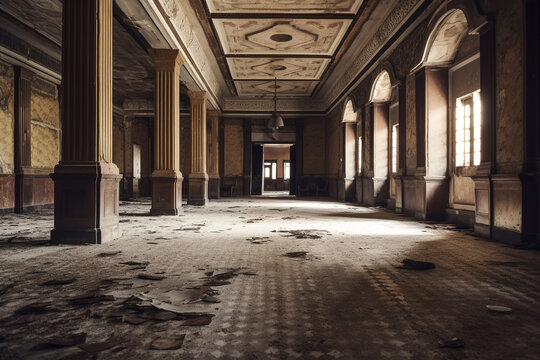 A spooky abandoned hotel with faded grandeur and secrets 
