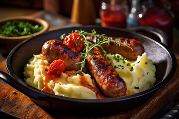 flavorful bangers and mash with sausages and mashed potatoes, British style, Generative AI