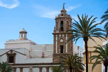 Fototapeta na wymiar Cathedral square in historical city center in Cadiz, Spain on April 30, 2023