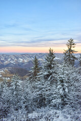 Mountains overview at the top of the highest peak in the Allegheny Mountains, West Virginia, USA snow surroundings	