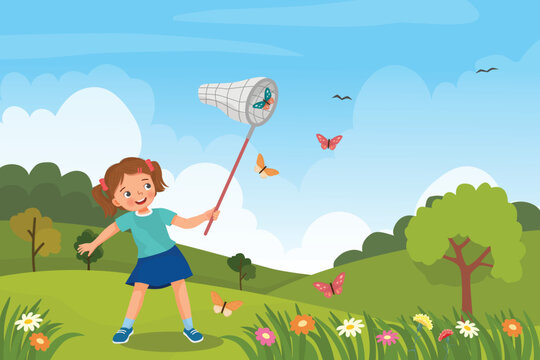 Cute little girl catching butterfly with net at the garden in the spring season
