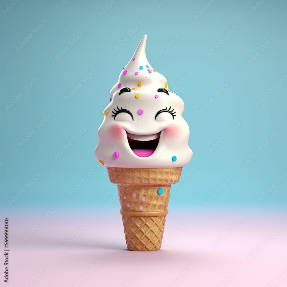 Sticker Cute Cartoon Ice Cream Cone Character (Generative AI)