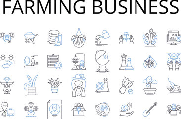 Naklejka premium Farming business line icons collection. Retail market, Automotive industry, Tourism sector, Health services, Food service, Education sector, Banking industry vector and linear illustration. Real