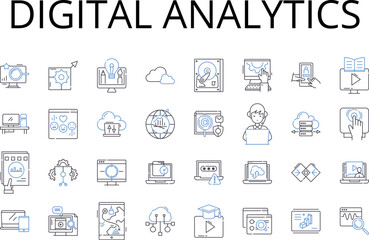 Digital analytics line icons collection. Information technology, Social media, Online programming, Data management, Internet marketing, Artificial intelligence, Computer science vector and linear