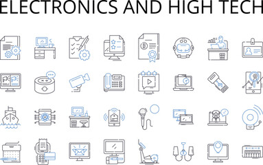 Electronics and high tech line icons collection. Gadgets, Devices, Appliances, Machines, Instruments, Tools, Equipment vector and linear illustration. Robotics,Automation,Robotics outline signs set