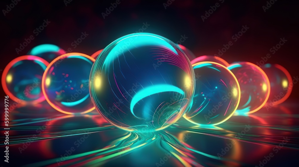 Poster glowing orbs on a dark background. generative ai