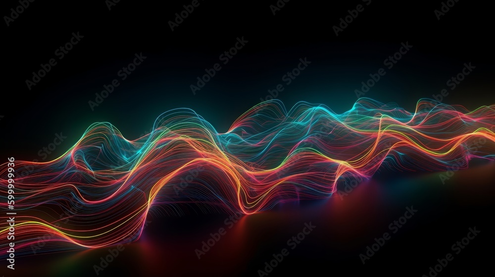 Poster a vibrant wave of light against a dark backdrop. generative ai