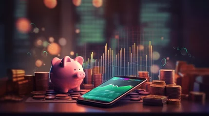 Fotobehang Stocks and mutual funds return, long term investment with icon illustration explaining money stock graph and savings concept with generative AI © OKAN
