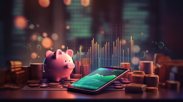 Stocks and mutual funds return, long term investment with icon illustration explaining money stock graph and savings concept with generative AI