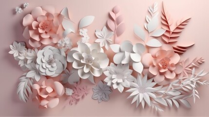 Colorful handmade paper flowers arranged on a soft pink background. Generative ai