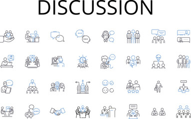 Fototapeta na wymiar Discussion line icons collection. Debate, Dialogue, Chatting, Communication, Discourse, Correspondence, Exchange vector and linear illustration. Talks,Negotiation,Interchange outline signs set