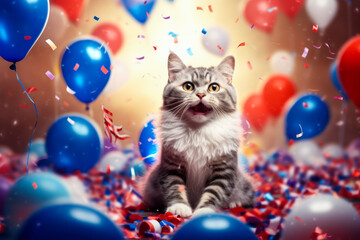 Cat celebrating 4th of July. Generative AI - obrazy, fototapety, plakaty