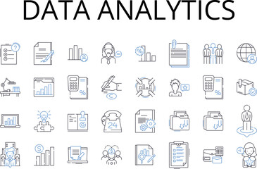 Data Analytics line icons collection. Business Intelligence, Information Management, Knowledge Discovery, Customer Insights, Market Research, Performance Metrics, Predictive Modeling vector and linear