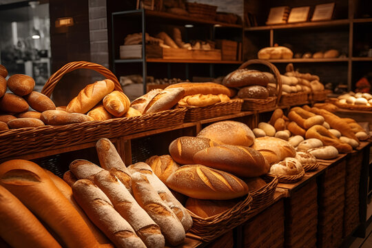 Fresh bread on bakery counter, Different types of delicious bread loaves, bread buns, bread rolls, baguettes, and bagels on baker shop shelves in baskets. generative ai