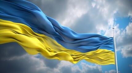 The Ukrainian flag waving in the wind against a clear blue sky. Generative ai