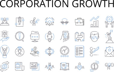 Corporation growth line icons collection. Company expansion, Business development, Enterprise progression, Industry advancement, Firm augmentation, Commercial expansion, Organization evolution vector
