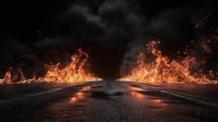 A fiery street with flames shooting out of the ground. Generative ai