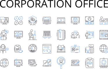 Fototapeta na wymiar Corporation office line icons collection. Company headquarters, Business center, Enterprise hub, Management center, Administrative building, Business campus, Corporate compound vector and linear