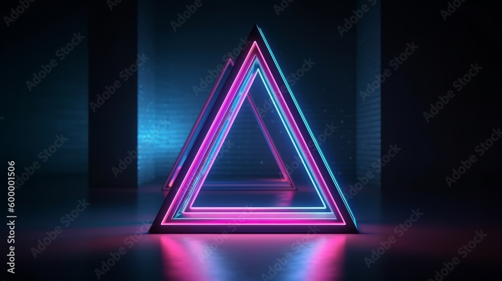 Poster a neon triangle light in a dimly lit room. generative ai