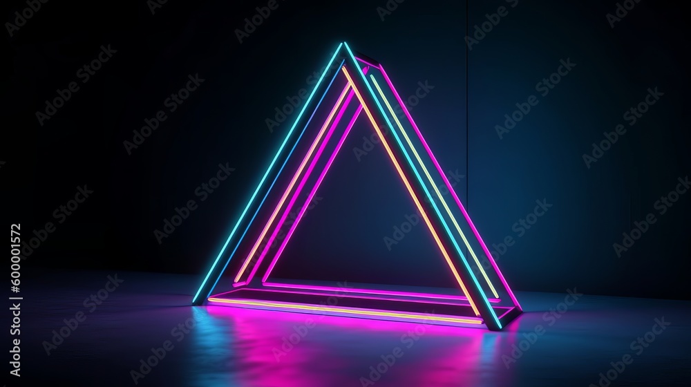 Poster a neon triangle glowing in a dimly lit room. generative ai