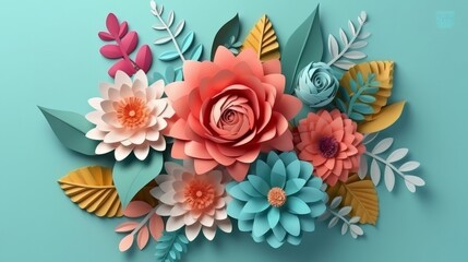 Colorful paper flowers arranged in a bouquet on a vibrant blue background. Generative ai