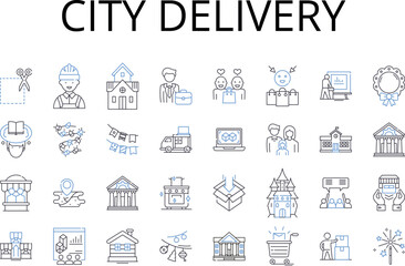 Fototapeta na wymiar City delivery line icons collection. Urban courier services, Package drop-off in the town, Downtown parcel delivery, Downtown courier solutions, Postal delivery within cities, Metropolitan mail