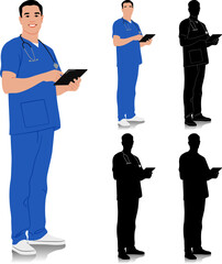 Hand-drawn healthcare worker. Happy smiling doctor with a stethoscope and tablet. Male nurse in blue uniform. Vector flat style illustration set isolated on white. Full length view