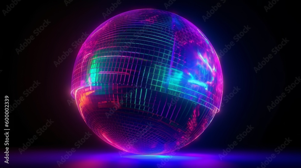 Poster a sparkling disco ball on a dark backdrop. generative ai