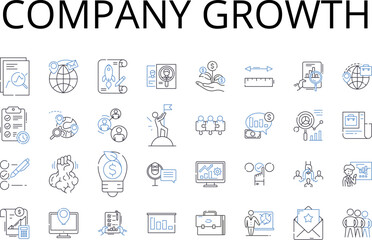 Company growth line icons collection. Business expansion, Corporate development, Organization advancement, Company progress, Enterprise evolution, Firm prosperity, Industry expansion vector and linear