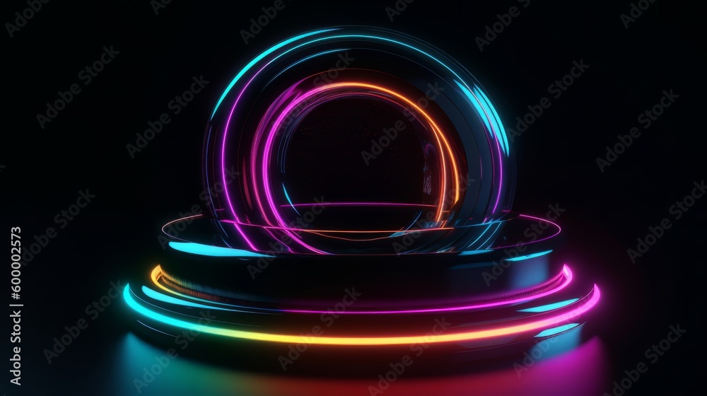 Poster a mesmerizing neon light sculpture resting on a table. generative ai
