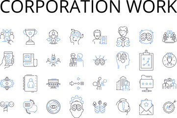 Corporation work line icons collection. Business labor, Company employment, Organization job, Association career, Agency task, Firm function, Enterprise profession vector and linear illustration