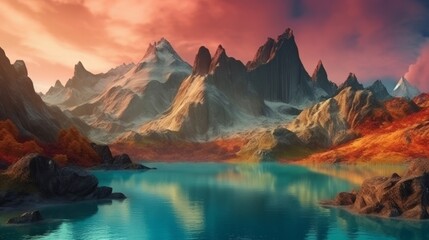 A serene mountain lake with a breathtaking view of surrounding mountains. Generative ai