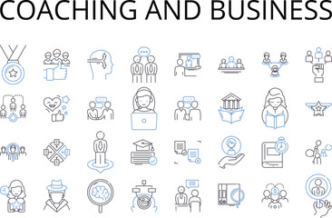 Coaching and business line icons collection. Leadership and management, Marketing and advertising, Nerking and outreach, Organization and planning, Analysis and assessment, Development and growth