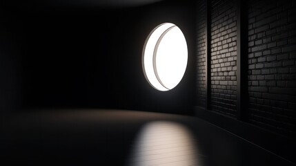 A dimly lit room with a circular window. Generative ai