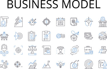 Fototapeta na wymiar Business Model line icons collection. Sales Strategy, Marketing Plan, Revenue Stream, Income Model, Economic Framework, Management Approach, Operational Structure vector and linear illustration