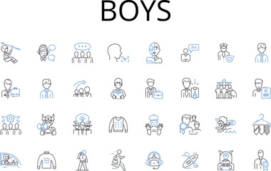 Boys line icons collection. Men, Guys, Males, Dudes, Bros, Lads, Gentlemen vector and linear illustration. Blokes,Fellas,Sons outline signs set